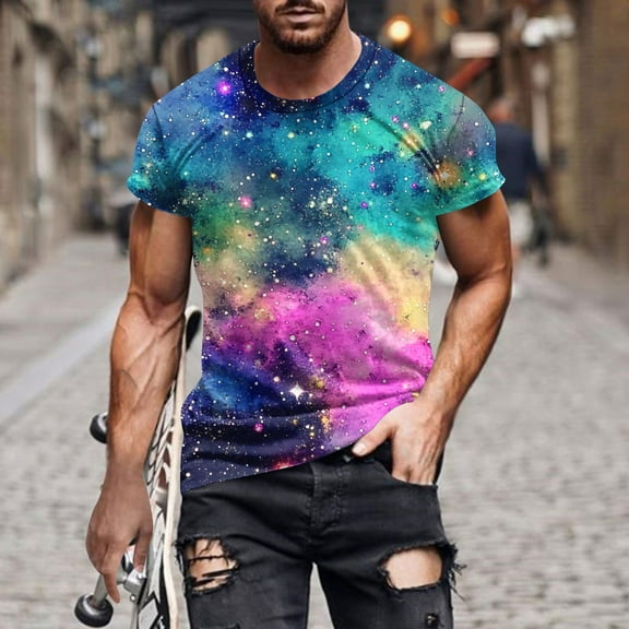 Tops for Men under $5 Short Sleeved Galaxy Printed Round Neck Top Multicolor XL