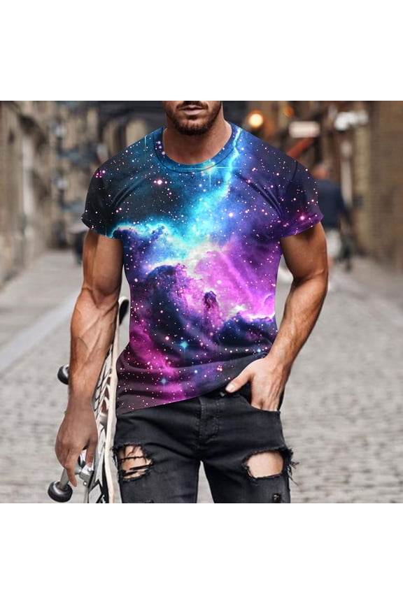 Tops for Men under $5 Short Sleeved Galaxy Printed Round Neck Top Multicolor XL