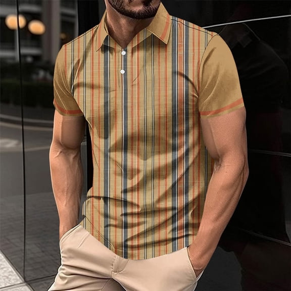 Tops for Men under $5 Short Sleeved Lapel Striped Printed Button Casual Solid Color T-shirt Orange M