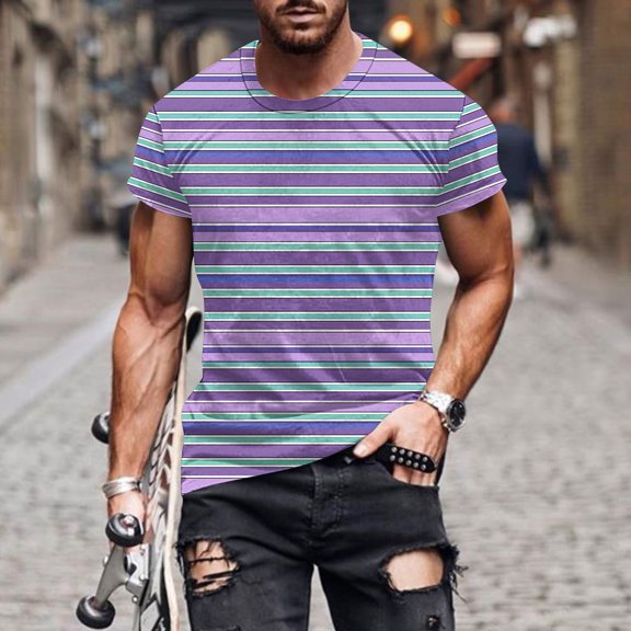 Tops for Men under $5 Short Sleeved Stripe Printed Round Neck Top Blouses Purple M