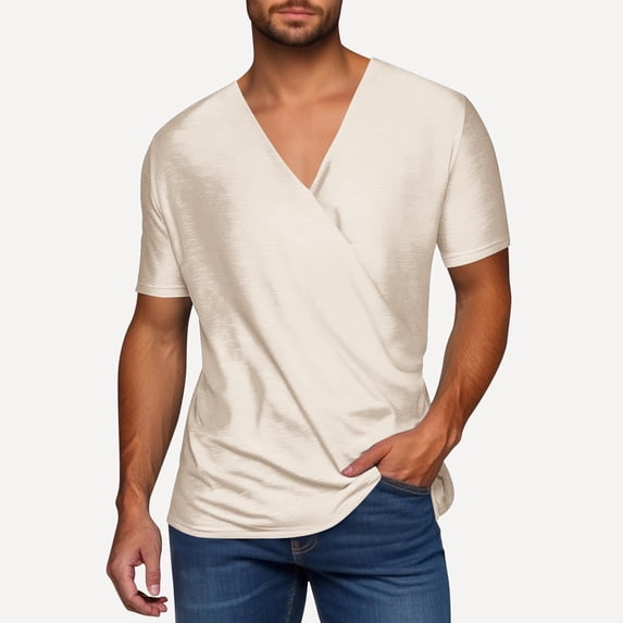 Tops for Men under $5 Short Sleeved V-neck Solid Color Summer Casual Loose Shirt Beige S