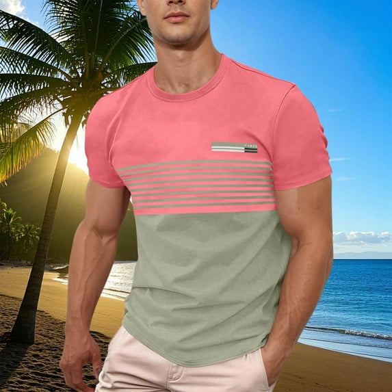 Tops for Men under $5 Short Sleeves Stripe Turndown Patchwork Casual Pullover Fitness Sports T Shirt Pink S