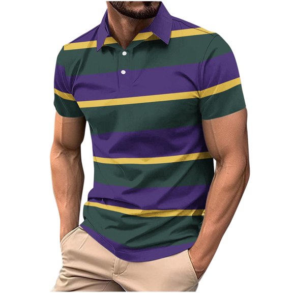 Tops for Men under $5 Striped Color-Block Short Sleeve Button-Up Shirt Stylish Summer Lapel Collar Shirt Purple XL