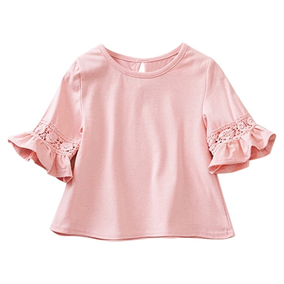 Tops for Teen Girls Casual Summer New 6-14years Girls Long Sleeve Hollow out Shirts Kids Cute Crewneck Ruffle Cuffs Blouse Style B-5 Pinky 13