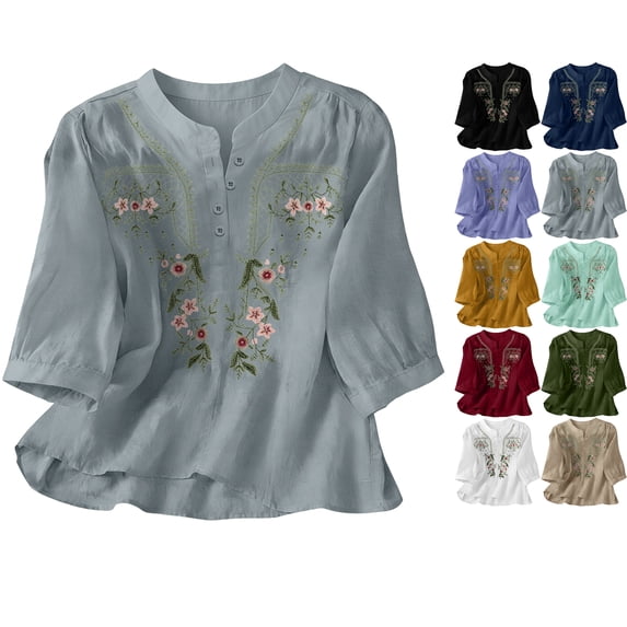 Tops for Women 100% Cotton Embroidered 3/4 Sleeve Boho Lightweight Tunic with Button Front