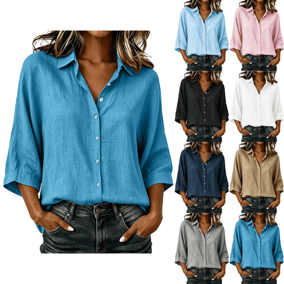 Tops for Women 100% Cotton Summer Solid Casual V-Neck Button Down 3/4 Sleeve Shirt