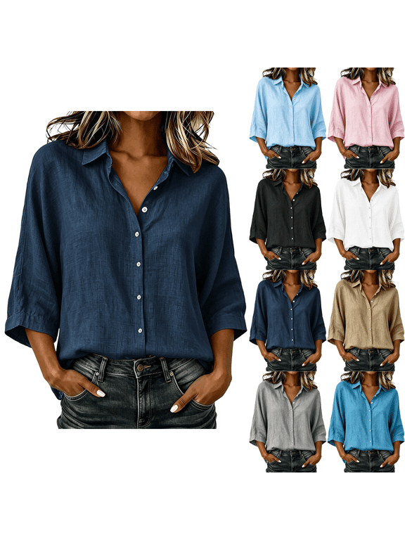 Tops for Women 100% Cotton Summer Solid Casual V-Neck Button Down 3/4 Sleeve Shirt