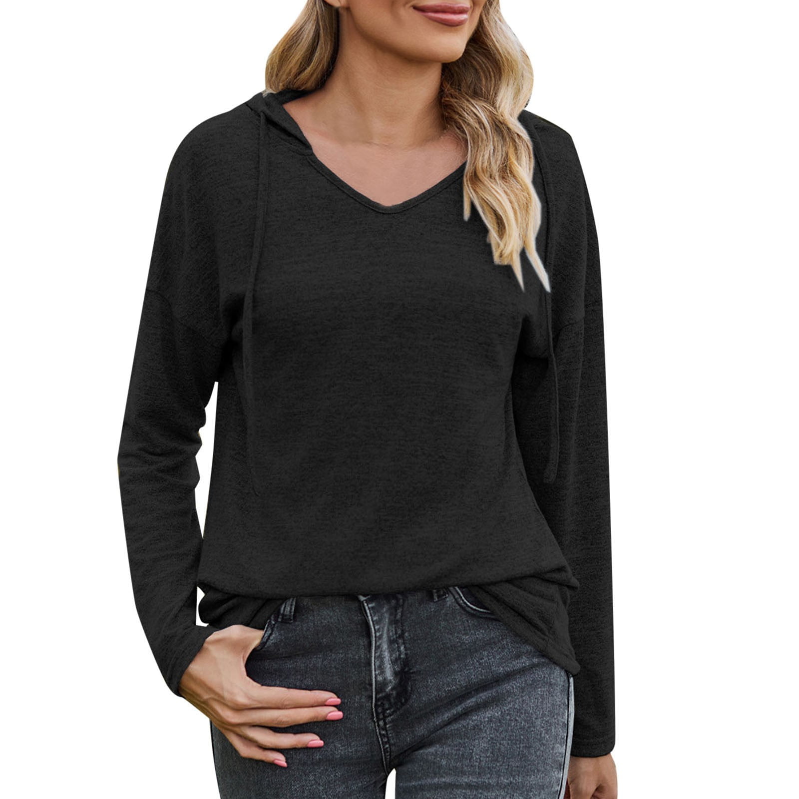 Tops for Women 2023 Fall Winter Temu Solid Color V Neck Hooded Long Sleeved  Casual Bottoming Shirts for Women