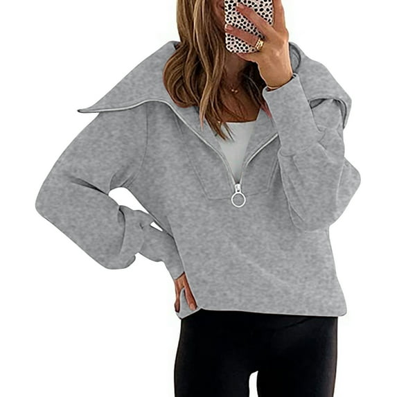 Tops for Women 2023 Fashion Solid Turndown Collar Long Sleeve Pullover Shirt Tops Sweatshirts(Available In Plus Size) on Clearance