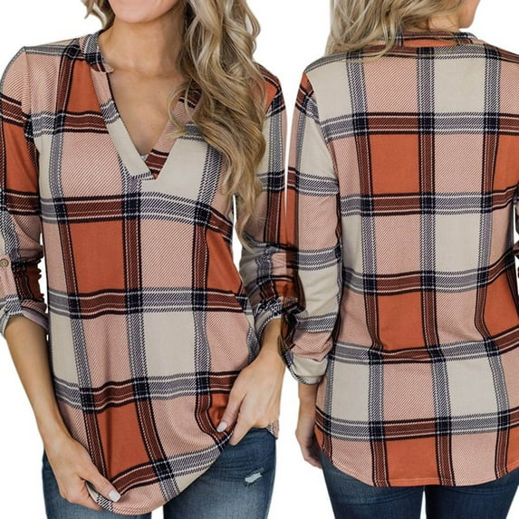 Tbopshirt Tops for Women,Fashion Women Casual Loose Plaid Printed V-Neck Pullover Long Sleeve Tops Shirt