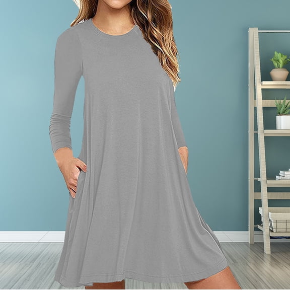 Tbopshirt Tops for Women,Ladies Fashion Casual Long Sleeve Pure Color Loose T-shirt Dress with Pockets Shirt
