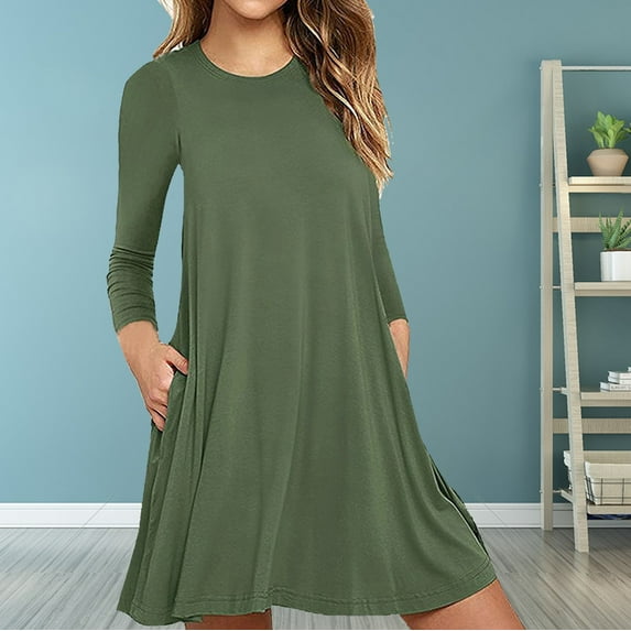 Tbopshirt Tops for Women,Ladies Fashion Casual Long Sleeve Pure Color Loose T-shirt Dress with Pockets Shirt