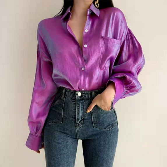 Tops for Women 2024,Clearance Women's Fashion Autumn Loose Long Sleeve Blouse Turndown Collar Casual Pullover Tops Blouses Shirt