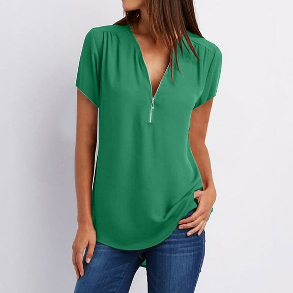Tbopshirt Tops for Women,Women's Summer Short Sleeve Shirts Zip Casual Tunic V-Neck Rollable Blouse Tops Shirt