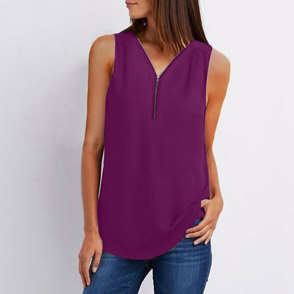 Tops for Women 2024,Clearance Women's Summer Sleeveless Shirts Zip Casual Tunic V-Neck Rollable Blouse Tank Tops Shirt