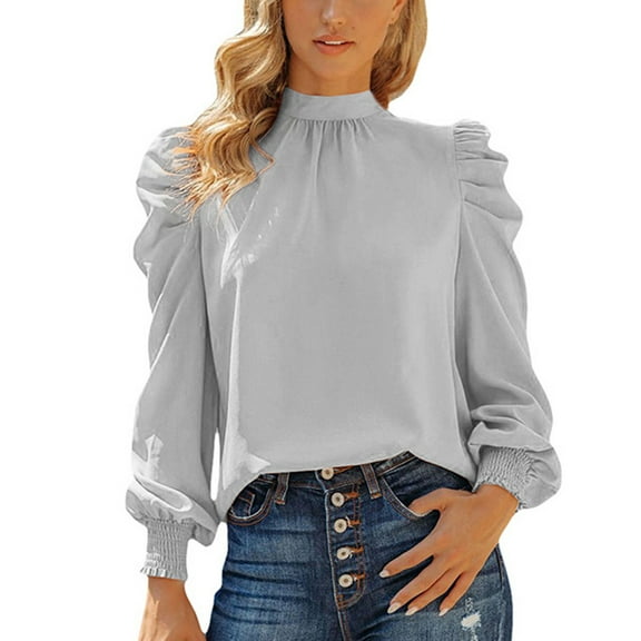 Tops for Women 2024 Long Sleeve Pleated High Neck Puff Long Sleeve Casual Loose Fit Shirts Blouses