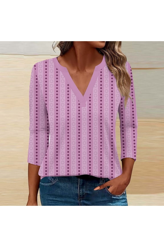 Tops for Women 2024 Summer Daily Casual 3/4 Length Sleeve V Neck T Shirts Boho Floral Graphic Tees Loose Tunics Trendy Wave Line Blouse