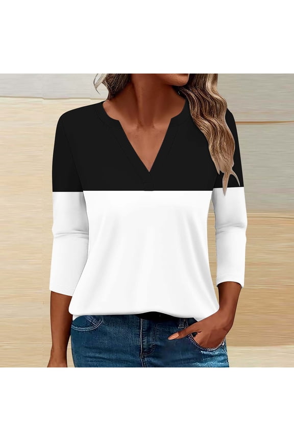 Tops for Women 2024 Summer Daily Casual 3/4 Length Sleeve V Neck T Shirts Boho Floral Graphic Tees Loose Tunics Trendy Wave Line Blouse