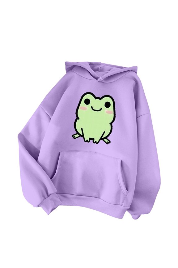 Tops for Women 2025 Going Out Fall Comfy Hooded Long Sleeve Puff Drop Shoulder Hoody Frog Print Leisure Polyester Sweatshirts Hoodies(Purple,M)