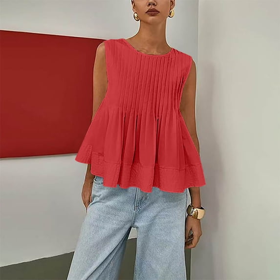 Tops for Women 2026 Fashion Solid Color Crew Neck Shirts Casual Loose Fit Sleeveless Standard Straps Pleated Tops