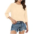 thumbnail image 1 of Tops for Women 3/4 Length Sleeve Split Hem T-shirts Loose Casual Summer Plain Tshirts Crewneck Spring Base Tee (S, Beige), 1 of 8