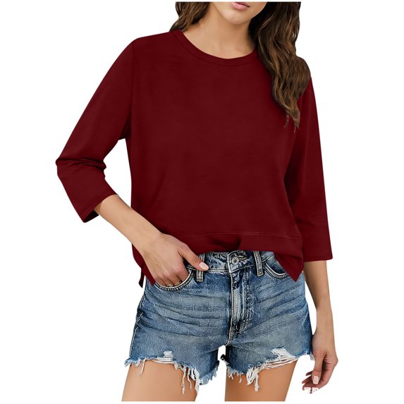 Tops for Women 3/4 Length Sleeve Split Hem T-shirts Loose Casual Summer Plain Tshirts Crewneck Spring Base Tee (S, Wine)