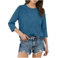 thumbnail image 1 of Tops for Women 3/4 Length Sleeve Split Hem T-shirts Loose Casual Summer Plain Tshirts Crewneck Spring Base Tee (XL, Navy), 1 of 8