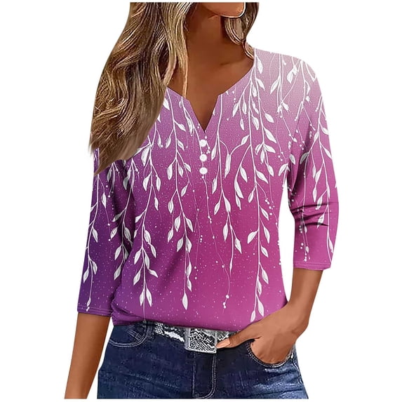 Tops for Women 3/4 Length Sleeve Tops Printed Button V Neck T Shirts Summer Blouses Women's Tee