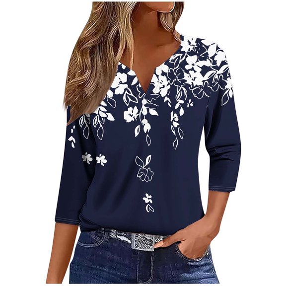 Tops for Women 3/4 Length Sleeve Tops Printed Button V Neck T Shirts Summer Blouses Women's Tee