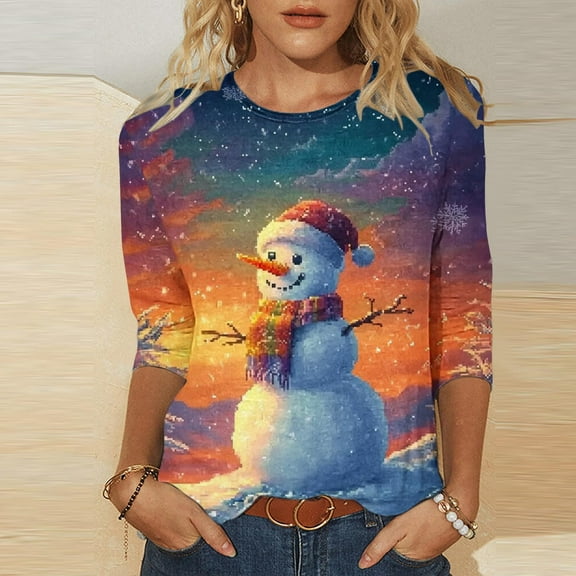 Tops for Women 3/4 Sleeve Christmas Print Round Neck Casual T-shirt Loose Top,Womens Blouse Multicolor XXXL