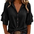 thumbnail image 1 of Tops for Women 3/4 Sleeve Collared Women Solid Western Linen Cotton Button Down Tiered Ruffle Blouse, 1 of 7