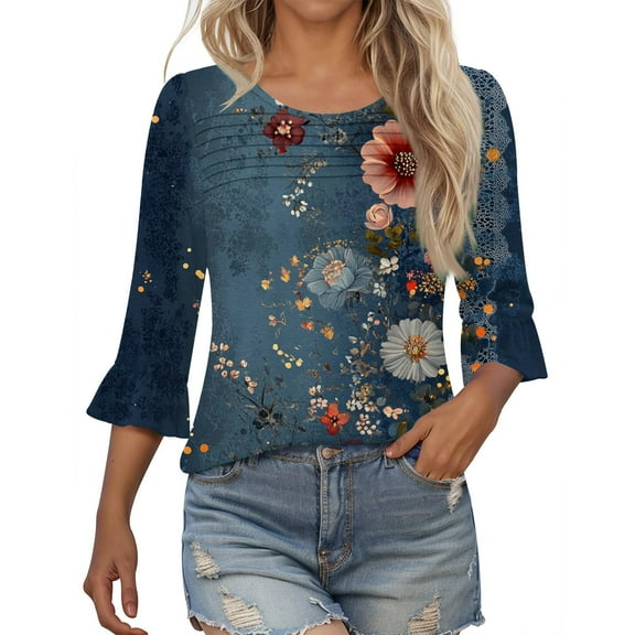 Tops for Women 3/4 Sleeve Crew Neck Print Blouse Womens Casual Round Neck Tunic Tops