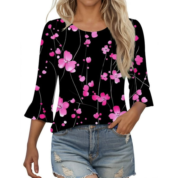 Tops for Women 3/4 Sleeve Crew Neck Print Blouse Womens Casual Round Neck Tunic Tops