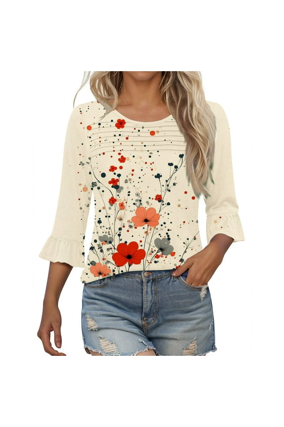Tops for Women 3/4 Sleeve Crew Neck Print Blouse Womens Casual Round Neck Tunic Tops