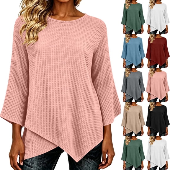 Tops for Women 3/4 Sleeve Crew Neck Top Womens Waffleknit Solid Color Casual Fall T Shirts
