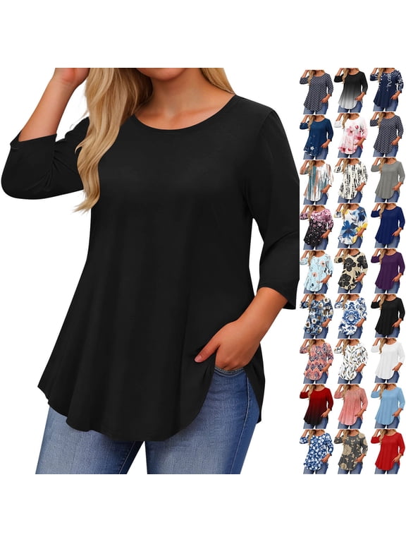 Tops for Women 3/4 Sleeve Crewneck Cute Basics Tees Casual Fashion Spring Summer T Shirts Business Work Tee Top,A-BlackA,4XL