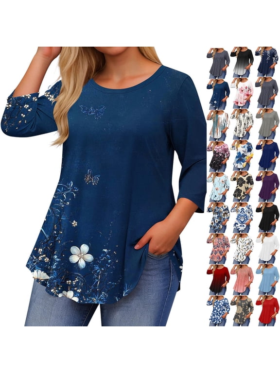 Tops for Women 3/4 Sleeve Crewneck Cute Basics Tees Casual Fashion Spring Summer T Shirts Business Work Tee Top