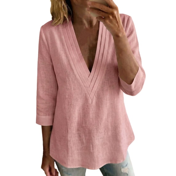 Tops for Women 3/4 Sleeve Elegant Pleated Collar Women Solid Cotton Linen Shirt