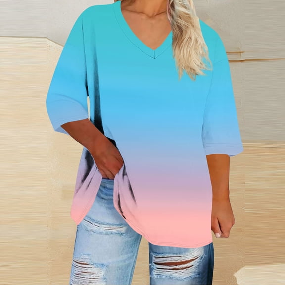 Tops for Women 3/4 Sleeve Gradient V-neck Printed T-shirt Plus Size Loose Blouse Sky Blue L