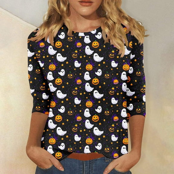 Tops for Women 3/4 Sleeve Halloween Print Round-Neck Casual T-shirt 2-Multicolor S