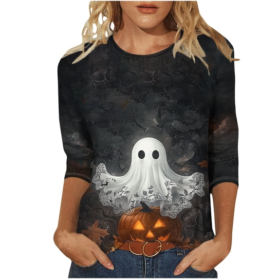 Tops for Women 3/4 Sleeve Halloween Printed Round Neck Loose T-Shirt