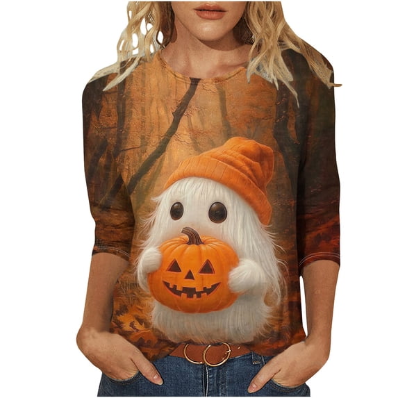 Tops for Women 3/4 Sleeve Halloween Printed Round Neck Loose T-Shirt