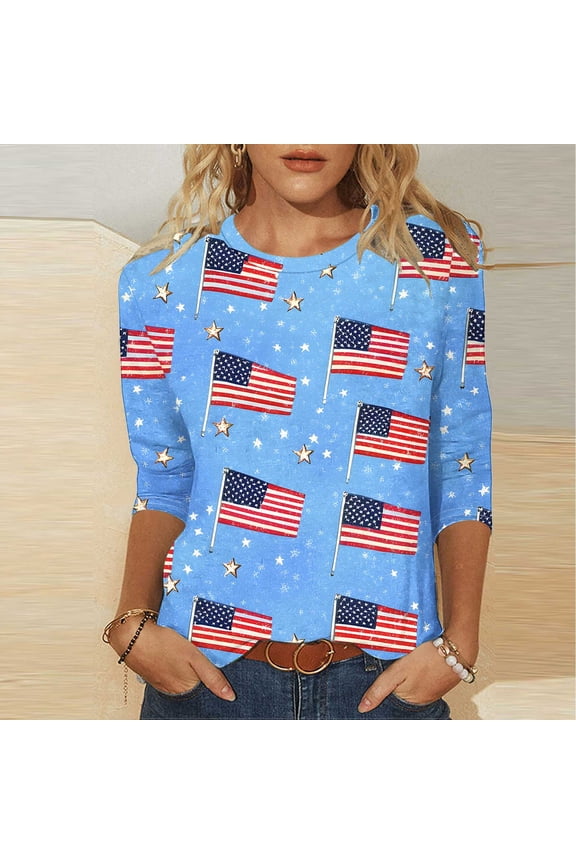 Tops for Women 3/4 Sleeve Independence Day Print Round Neck Casual T-shirt Blouse Sky Blue S