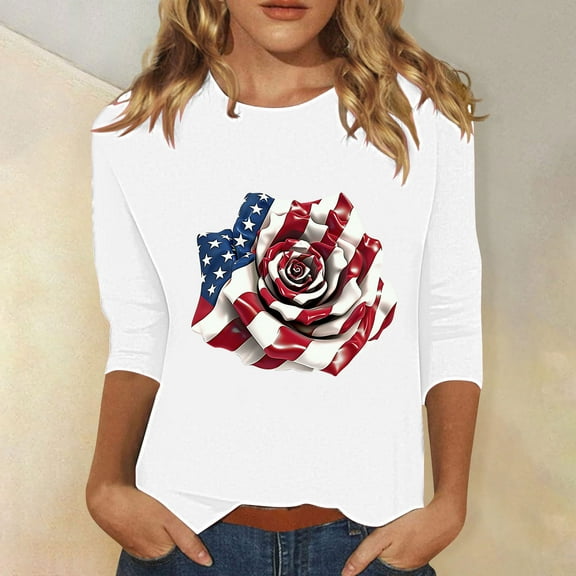 Tops for Women 3/4 Sleeve Independent Day Round Neck Loose Casual T-shirt White XXXL