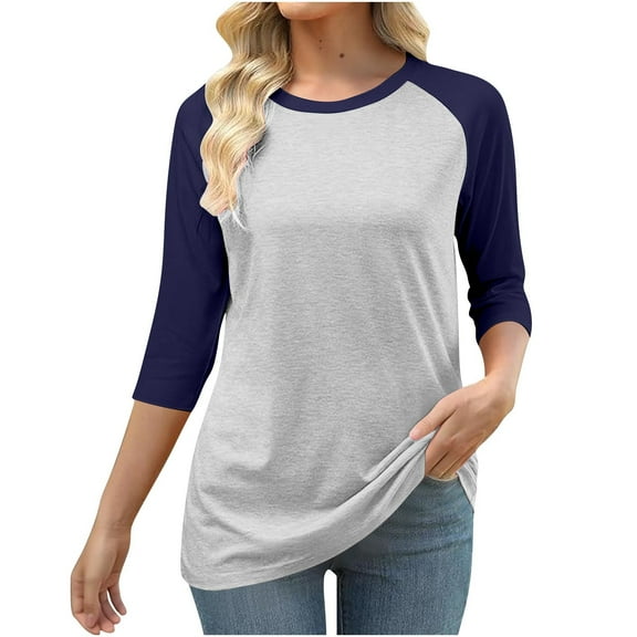 Tops for Women 3/4 Sleeve Round Neck Color Blocked T-shirt,Blouse for Women Plus Size 1-Dark Blue XXL