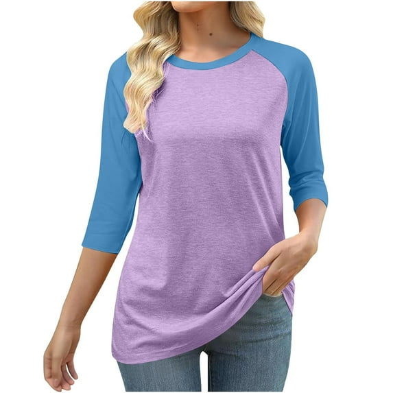 Tops for Women 3/4 Sleeve Round Neck Color Blocked T-shirt,Blouse for Women Plus Size 2-Pink XXXL