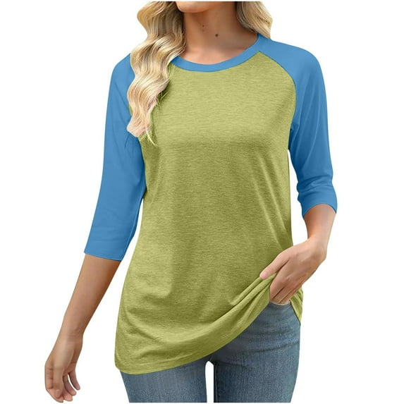 Tops for Women 3/4 Sleeve Round Neck Color Blocked T-shirt,Blouse for Women Plus Size 2-Yellow XXL