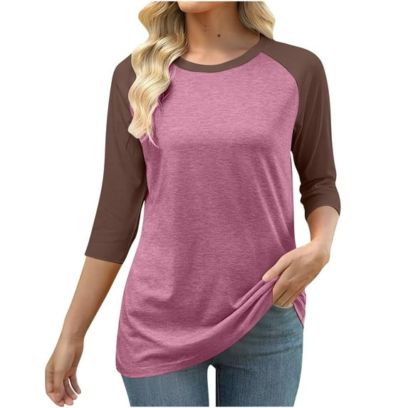 Tops for Women 3/4 Sleeve Round Neck Color Blocked T-shirt,Blouse for Women Plus Size 3-Hot Pink XXXL
