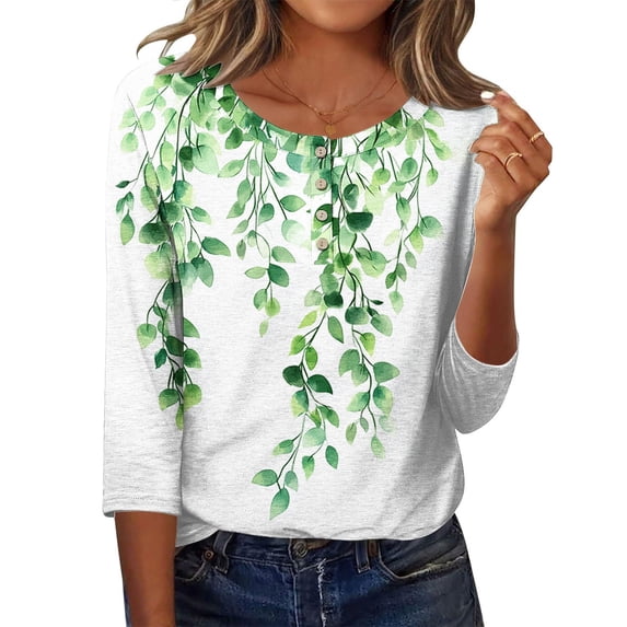 Tops for Women 3/4 Sleeve Round Neck Fashionable Printed Casual Button T-Shirt