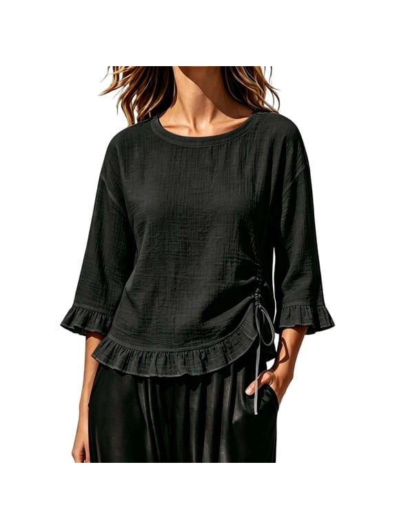 Tops for Women 3/4 Sleeve Round Neck Ruffle Side Drawstring Ruched Textured Casual Summer Blouse